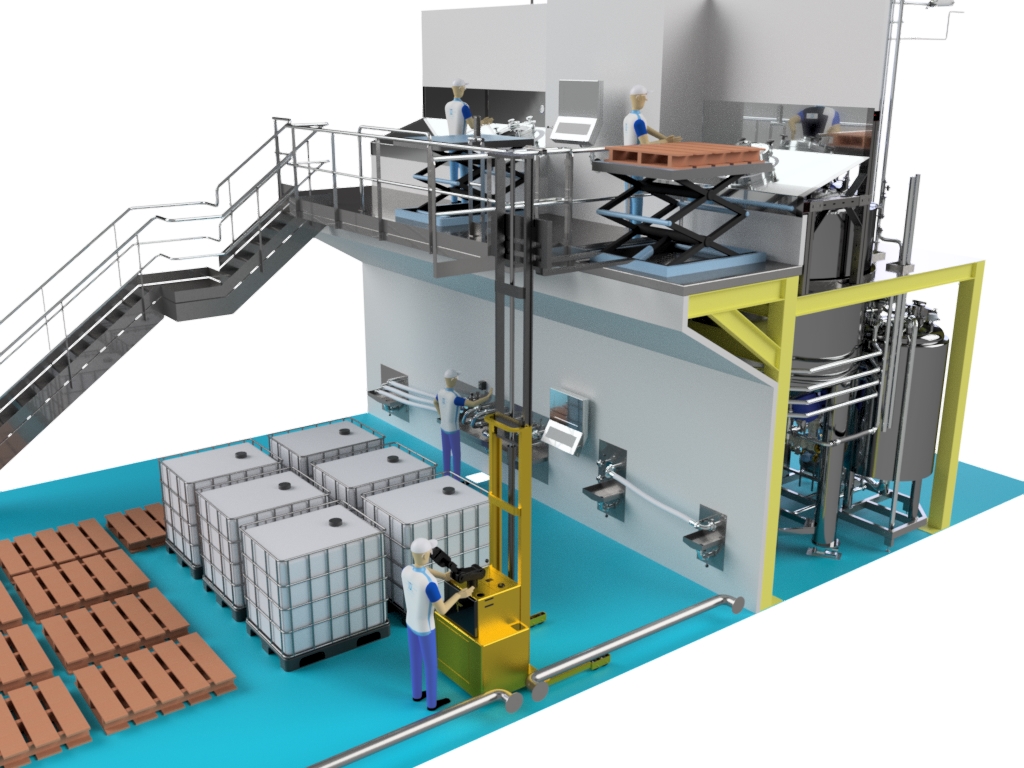 Vue ISO générale de l'installation automatisée de production de cosmétiques.