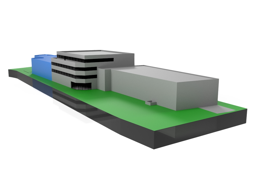 Vue générale du projet, existant en bleu.