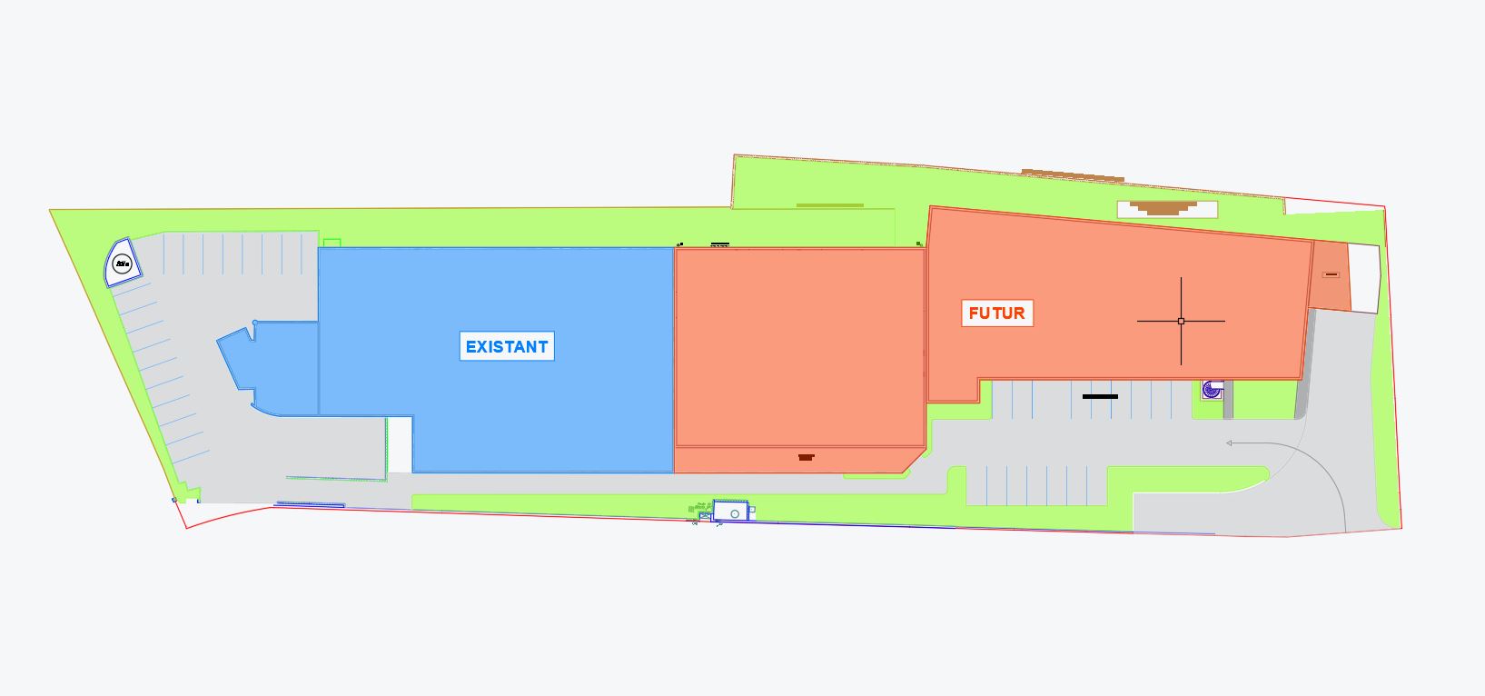 Vue générale du projet, existant en bleu, futur en orange.