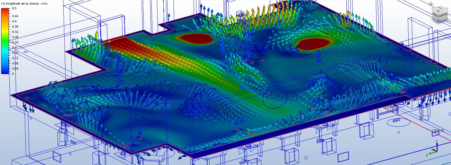 Vue en plan des flux sur une bouche de soufflage.