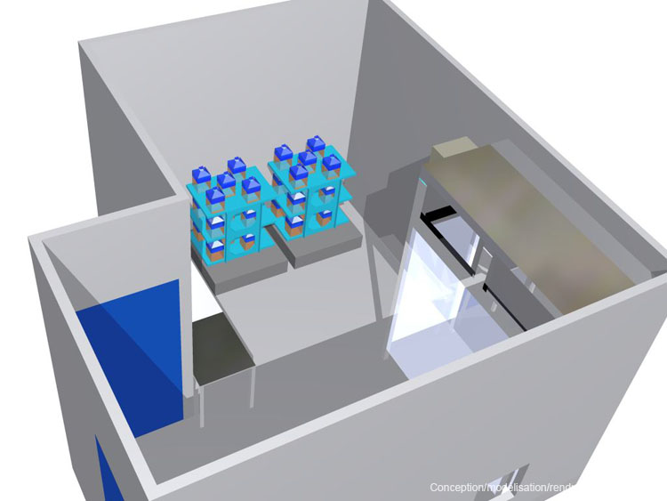 Modèle 3D du local et des 30 flacons Nalgène.